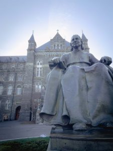 A statue out front of Georgetown University